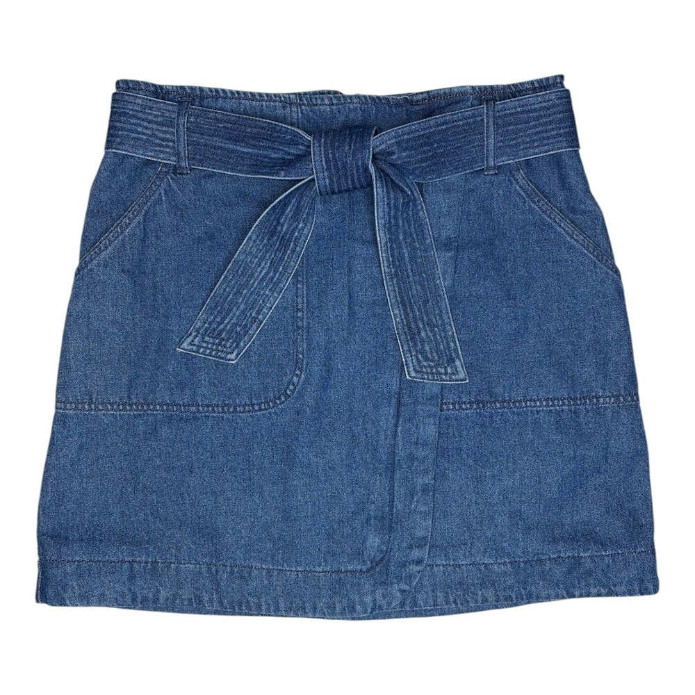 Cabi Denim Wrap Mini Skirt Medium Wash Blue Cotton Tie Waist Size 10 Style 6796